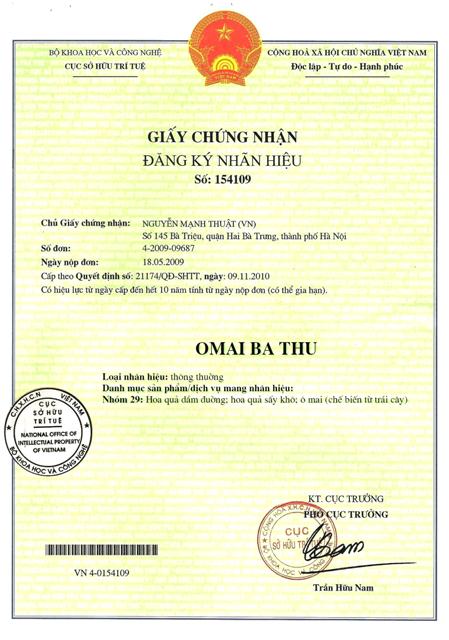 Chứng nhận ô mai Bà Thu