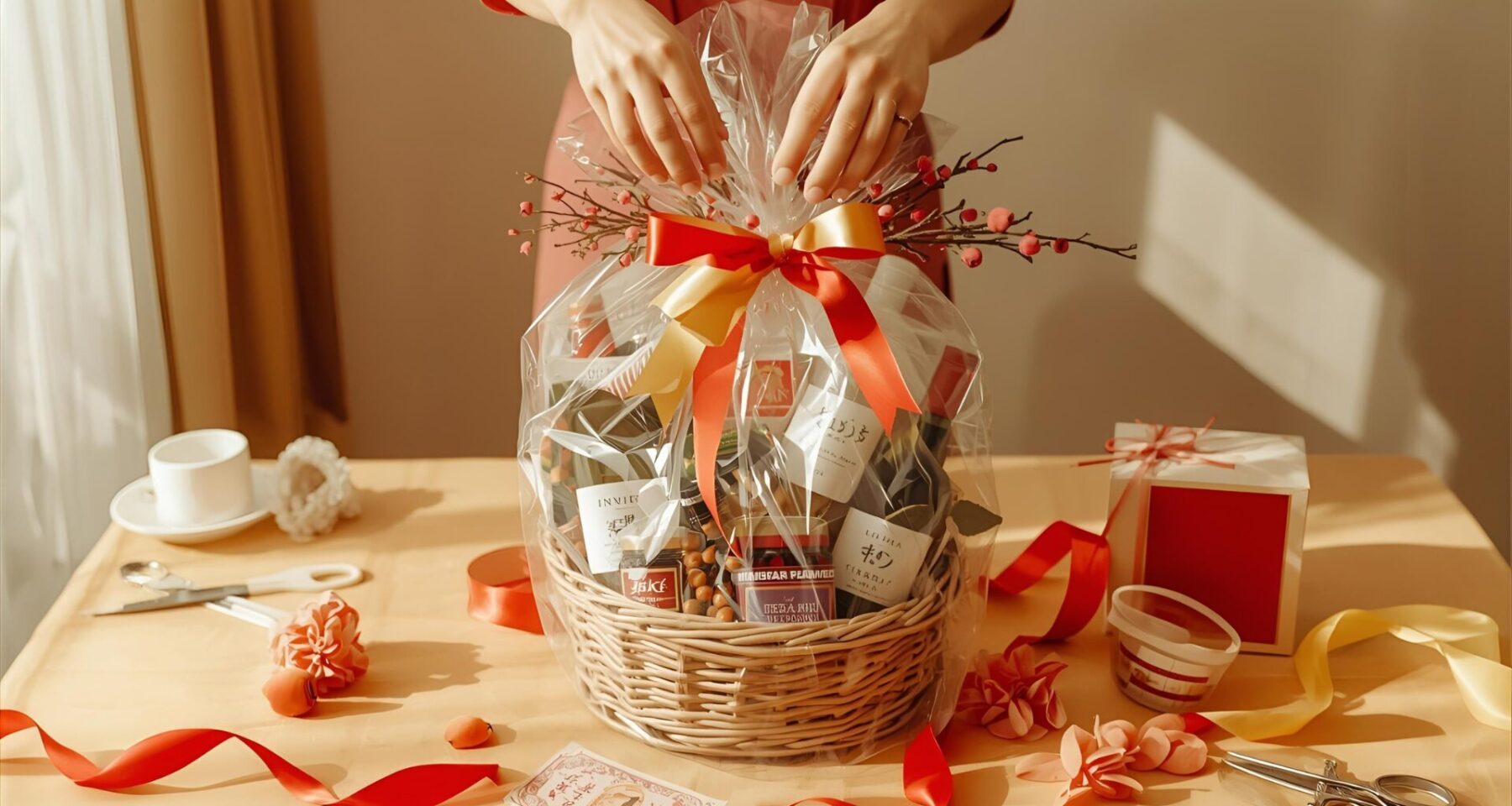 Bước 3 Gói giỏ bằng giấy bóng kính và trang trí nơ