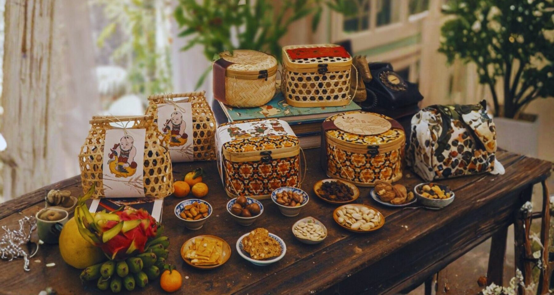 Giỏ quà Tết được làm bằng chất liệu thân mây tre gợi cảm giác truyền thống